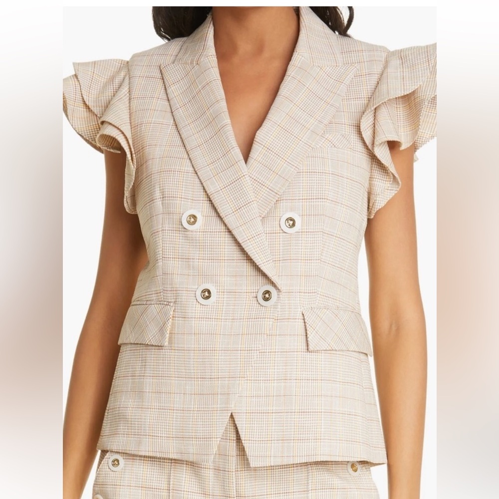 Veronica Beard Double Breasted Janae ruffled vest in a Khaki Plaid